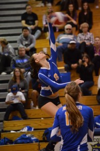 Laney Ehlers ('14) goes for the spike in the second set Tuesday night