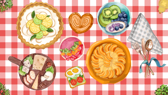 A perfect picnic: savory meats, fresh fruits and a delicious pie, all shared with friends upon a checkered blanket of red and white.